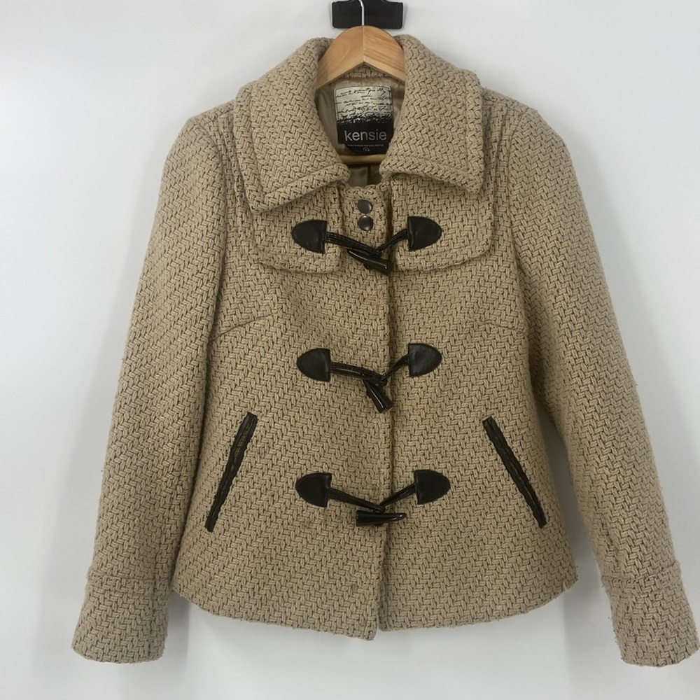 Kensie Wool blend toggle close beige tweed look jacket